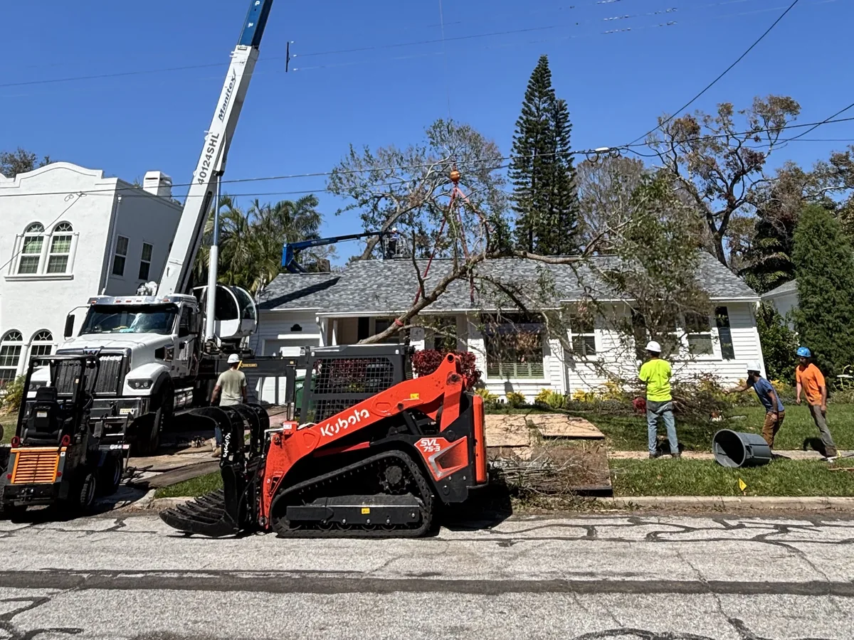 Tree removal crew on a residential street: a truck-mounted crane over a house, a compact track loader with a grapple and workers clearing brush