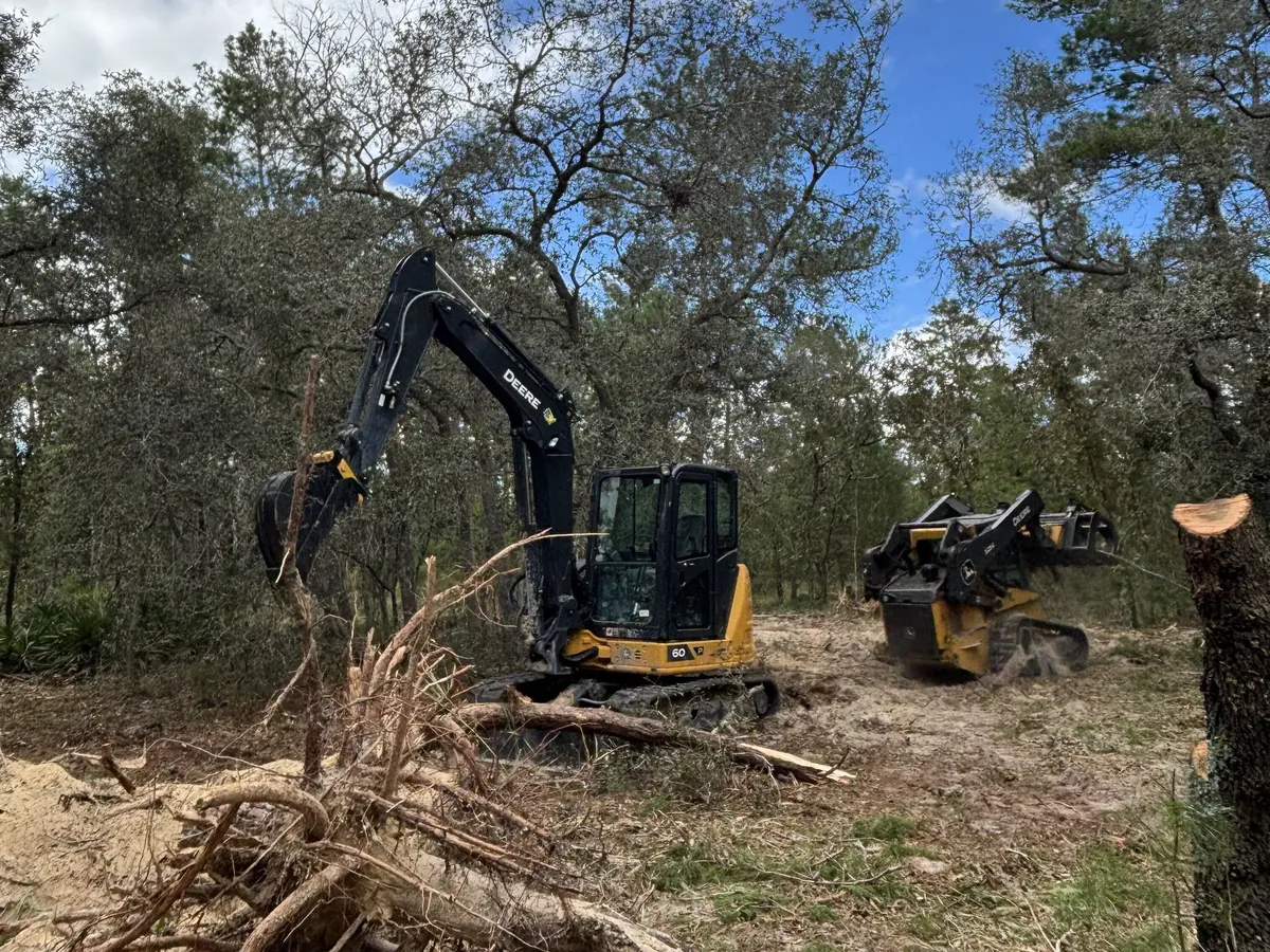 Land clearing on a wooded lot: an excavator pulling roots and brush while a compact track loader with a grapple works behind it