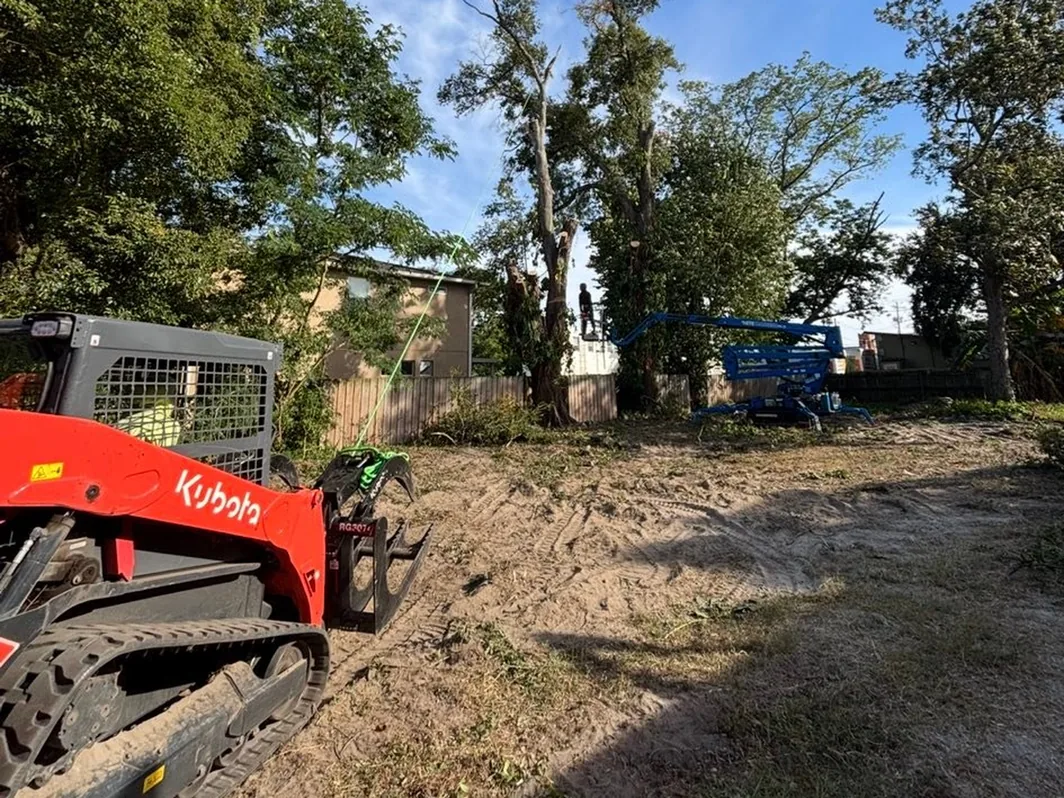 Site preparation: a compact track loader with a grapple on a cleared lot, trees left along the fence line