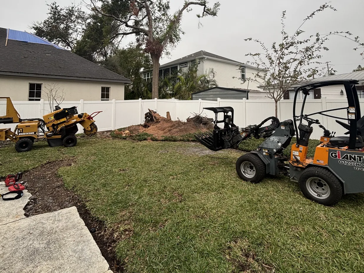 Stump grinding in Tampa, FL: a cleared back yard with new lawn, a stump grinder and a compact loader by a white vinyl fence